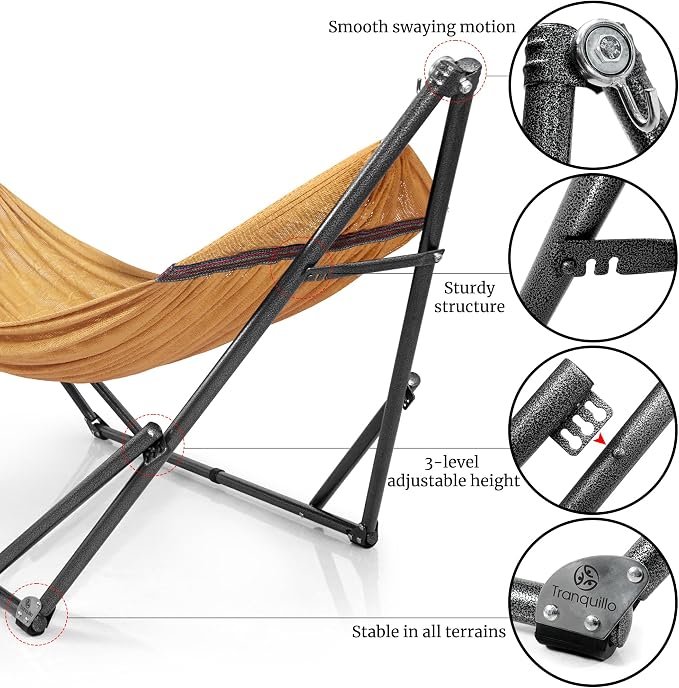 Tranquillo Universal Double Hammock with Stand Included for 2 Persons 600 lbs Capacity Portable Foldable with Case - Indoor, Outdoor, Camping, Yellow