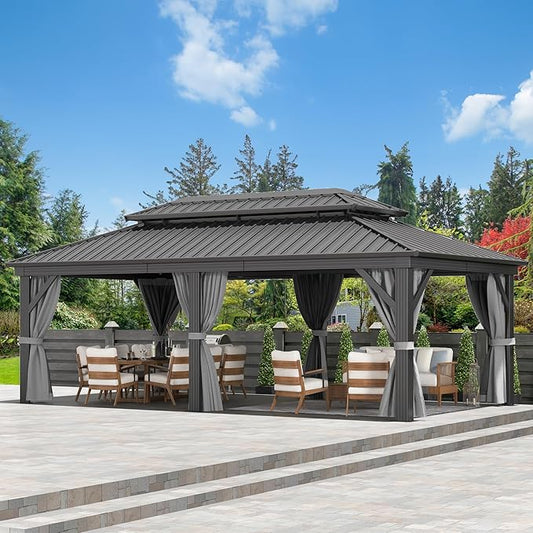 DWVO 12x20ft Gazebo Double Roof Hardtop with Nettings and Curtains, Heavy Duty Galvanized Steel Outdoor Vertical Stripes Roof for Patio, Backyard, Deck, Lawns, Grey