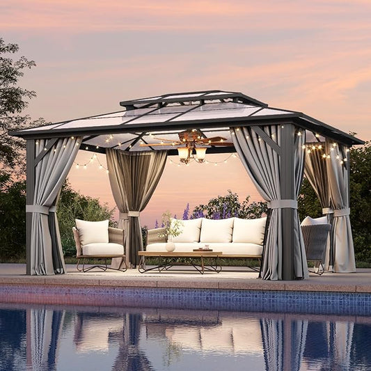 Aoxun 12'x14' Hardtop Gazebo, Outdoor Metal Gazebo with Double Polycarbonate Roof Canopy, Permanent Pavilion with Netting and Curtains for Lawn, Garden, Patio (Gray)