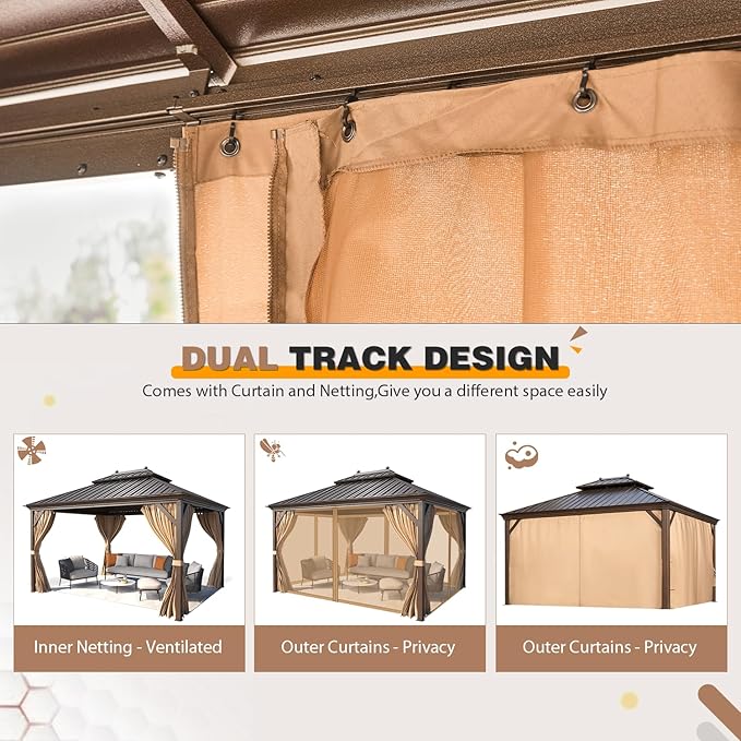 EROMMY 12'x14' Hardtop Gazebo, Galvanized Steel Outdoor Aluminum Canopy with Netting and Shaded Curtains, Double Roof Pergolas, Permanent Metal Pavilion for Patio, Backyard, Deck and Lawns