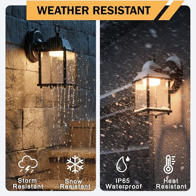 Outdoor Wall Light Fixture Dusk to Dawn, Rustproof Aluminum, LED | Exterior Porch Light Wall Sconce Lantern for House, Patio, Garage, Waterproof, Glass, 9.5W 800 Lumen, 3000K, Black, 2 Pack