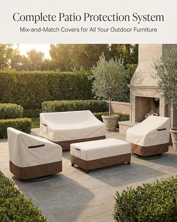 Waterproof Patio Ottoman Cover, Square Outdoor Side Table Furniture Cover with Padded Handles, 600D Heavy Duty Windproof All-Weather Patio Furniture Cover,UV Resistant, 22 x 22 x 18 Inch, Beige&Brown
