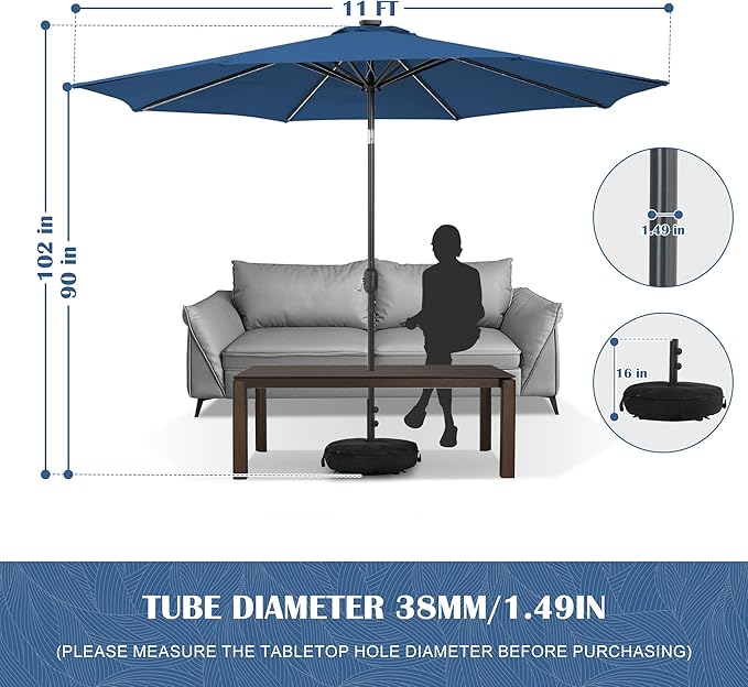 Sundale Outdoor OLEFIN LED Solar Patio Umbrella with Sand Bag Umbrella Base, Outdoor Umbrella with Tilt and Crank