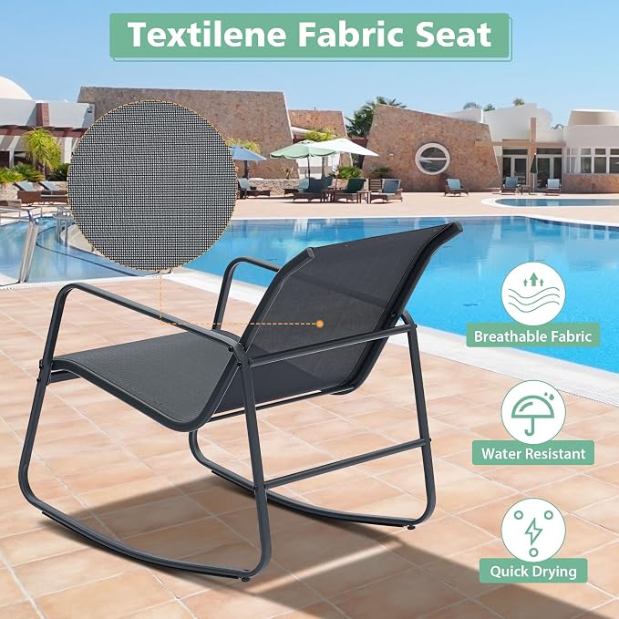 Ainfox Patio Furniture Set 3 Pieces, All Weather Textile Outdoor Conversation Set, with Rocking Bistro Chairs and Glass Coffee Table for Backyard, Lawn, Garden, Home Black