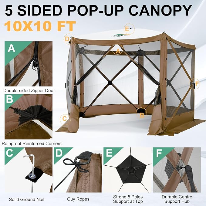 COBIZI 10x10 FT Pop up Gazebo, Popup Canopy tent,Screened In Gazebos with sidewalls, Waterproof Portable Outdoor Small Screen tents Sun Shelter,carpas para patio for Camping, Garden and Backyard,Brown