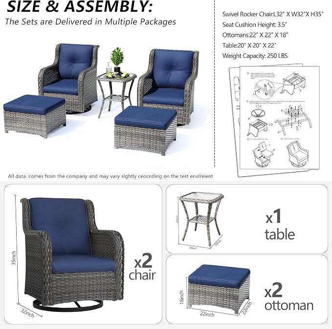 5 Piece Outdoor Patio Furniture Set Wicker Conversation Bistro Set Swivel Rocking Chairs with Side Table and Ottomans for Backyard, Porch, Deck(Mixed Grey/Blue)