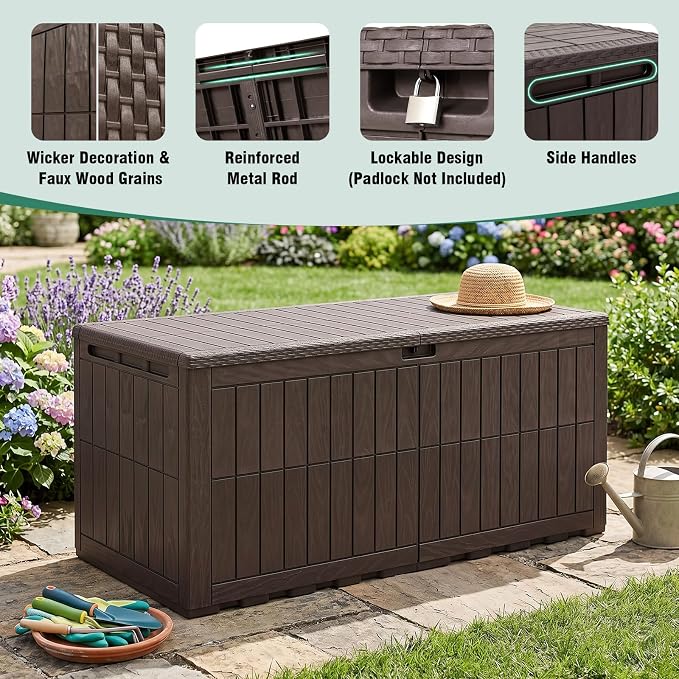 Tangkula 180 Gallon Outdoor Storage Box, Waterproof PP Resin Patio Storage Box with Lockable Lid for Indoor & Outdoor Use, 2-in-1 Rattan Design Deck Box for Cushions, Garden Tools