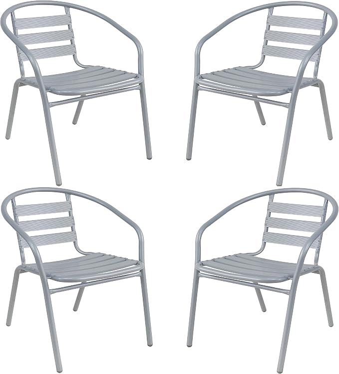 BTEXPERT Indoor Outdoor 27.5" Square Restaurant Table Stainless Steel Silver Aluminum + 4 Silver Gray Metal Aluminum Slat Stack Chairs Commercial