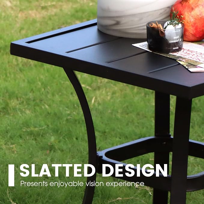 VICLLAX Patio 3 Pieces Outdoor Bistro Side Table Dining Set, Small Patio End Table Square Coffee Table and 2 Swivel Textilene Chairs for Lawn,Garden,Porch,Black/Brown