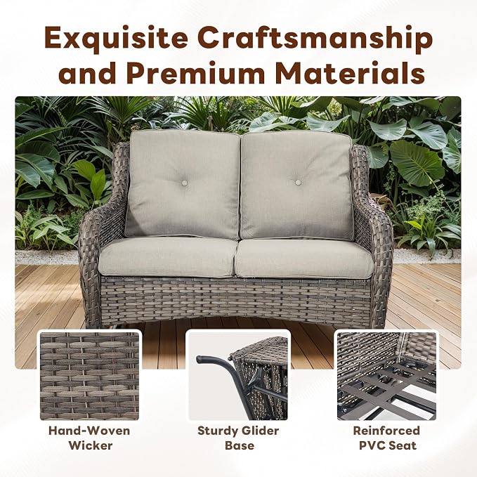 Belord 4 Piece Patio Wicker Furniture Set, Outdoor Swivel Rocker Chairs, All Weather Outdoor Patio Loveseat Set with Fire Pit Table for Deck Porch, Gray Wicker/Gray