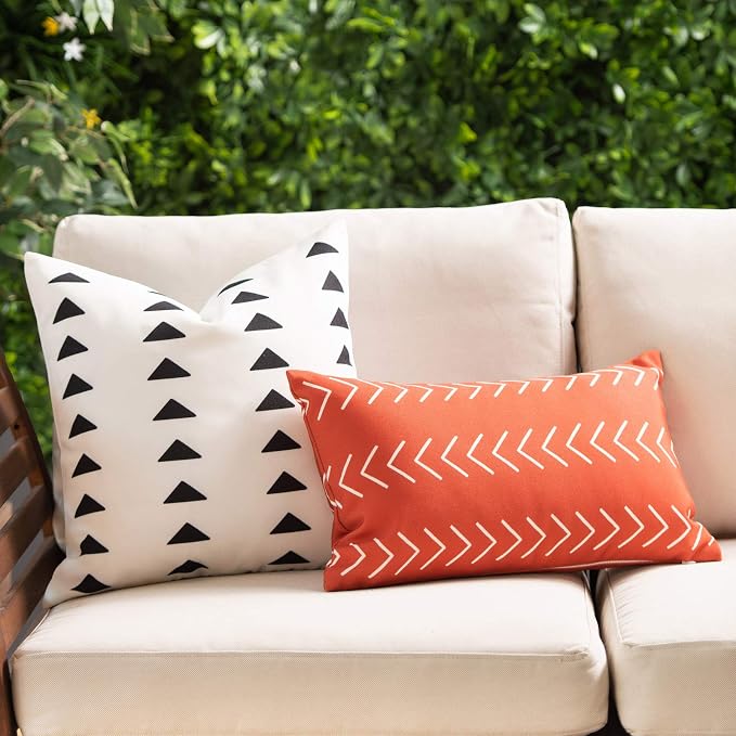 Hofdeco Mudcloth Inspired Patio Indoor Outdoor Pillow Cover ONLY for Backyard, Couch, Sofa, White Black Triangles, 18"x18"