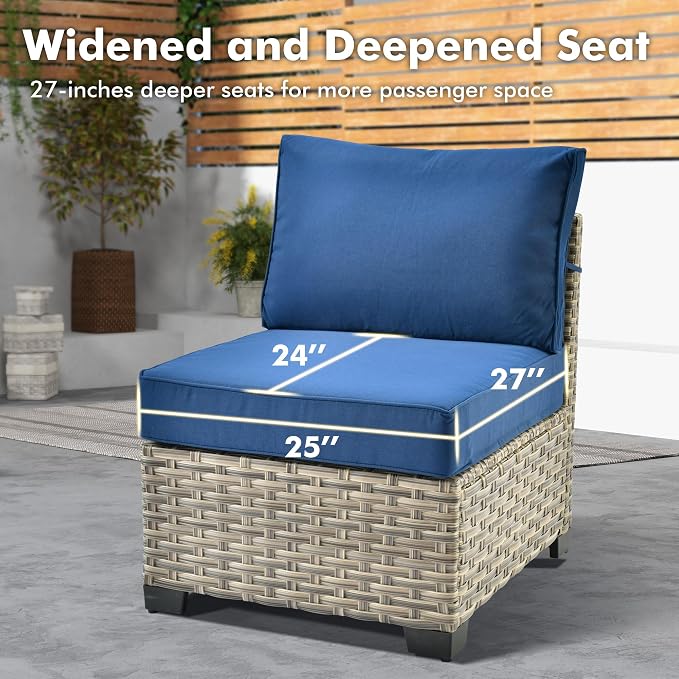 WEAXTY 6 Pieces Patio Furniture Set, Outdoor Sectional Sofa Couch with Solar Coffee Table, All-Weather Outside Furniture Patio Conversation Sets for Backyard Porch Balcony (Navy Blue)