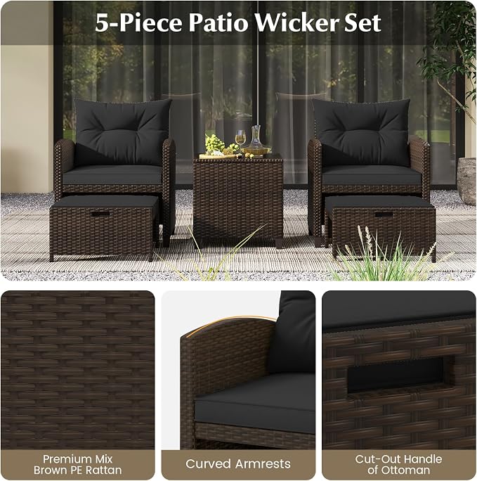 KOTEK 5 Pieces Patio Furniture Set with Ottomans, Wicker Patio Conversation Set with Coffee Table & Cushions, PE Rattan Outdoor Lounge Chairs for Backyard, Porch, Poolside (Mix Brown- Black)