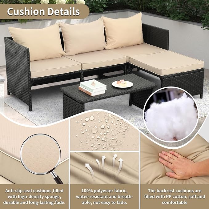 Valita 3-Piece Outdoor PE Rattan Furniture Set Patio Black Wicker Conversation Loveseat Sofa Sectional Couch Khaki Cushion