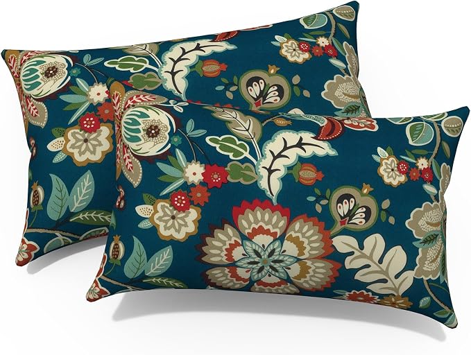 Outdoor Lumbar Pillows, Water Repellent Cushion Pillows 12x20 Inch, Outdoor Pillows with Inserts for Home Garden, Pack of 2, Peacock Blue