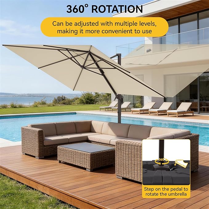 9x12 FT Cantilever Patio Umbrella with Base, Large Rectangular Offset Outdoor Umbrella with 360° Rotation, Heavy Duty Shade Umbrella for Garden Backyard Deck Poolside Courtyard, Beige