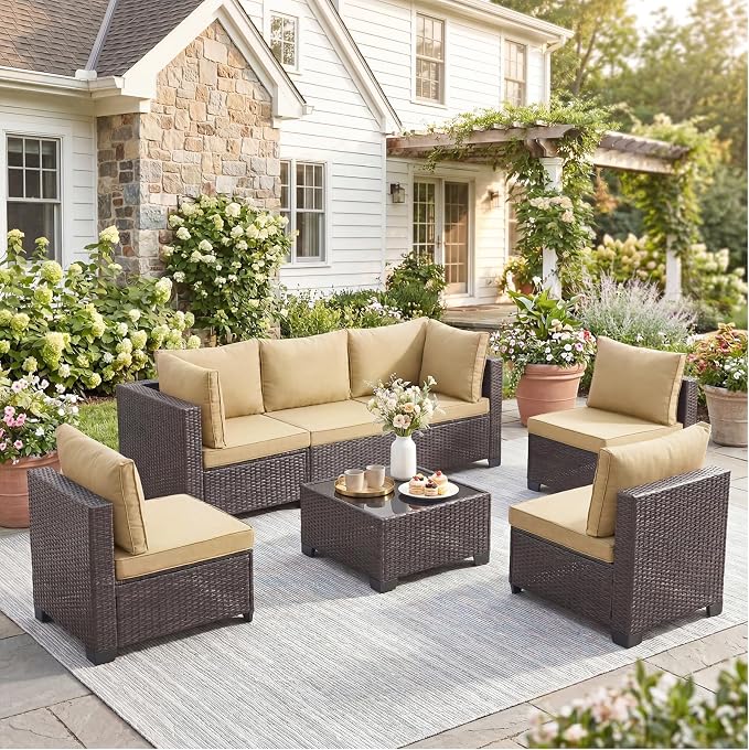 ANJ 7 Piece Outdoor Wicker Patio Furniture Set, Modular Loveseat Sofa with with Glass Top Coffee Table, All-Weather Rattan Conversation Couch Set for Balcony, Backyard, Dark Brown Wicker-Camel