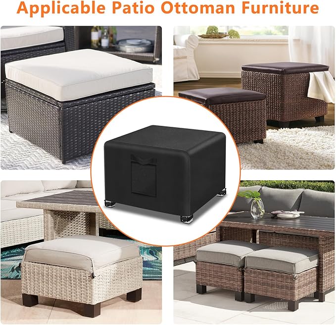 Kovshuiwe Outdoor Patio Ottoman Cover 2Pcs-32"L x 25"W x 18"H, Waterproof Patio Ottoman Covers, Heavy Duty Outdoor Furniture Cover with Padded Handles,Black
