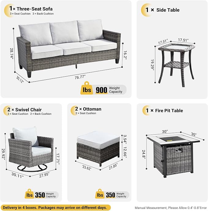 ovios 7 Pieces Patio Furniture Set with Square Fire Pit Table, Swivel Rocking Chairs, Outdoor High Back Wicker Rattan Conversation Set for Deck Porch, Grey