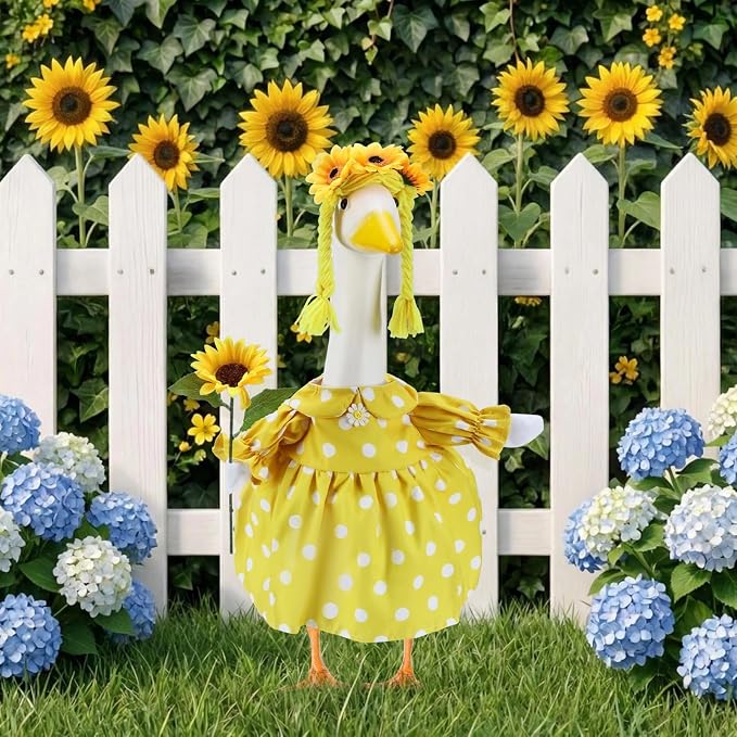 Summer Porch Goose Outfits for 23 Inch Lawn Statue | Polka Dots Sunflowers Costume for Plastic/Cement Statue, Spring Duck Sculpture Clothes for Yard Patio Party Decoration