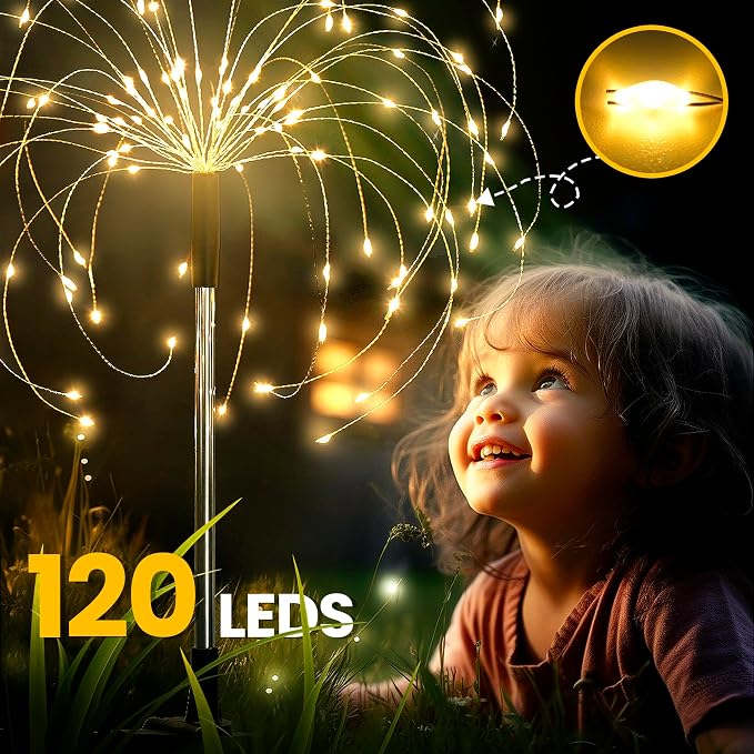 GIGALUMI 2 Pack Solar Firework Lights Outdoor, Garden Decor, Warm White | 120 LEDs, Fairy Design, Waterproof, Garden Decor, Solar Powered for Yard, Pathway, Flowerbed, Planter, Balcony, Gifts for Mom