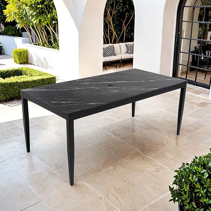 Outdoor Aluminum Marble Dining Table for 6-8, 71” Luxury Patio Table with Black Sintered Stone Top, Post Tapered Legs for Garden, Lawn, Weatherproof & Rust-Free