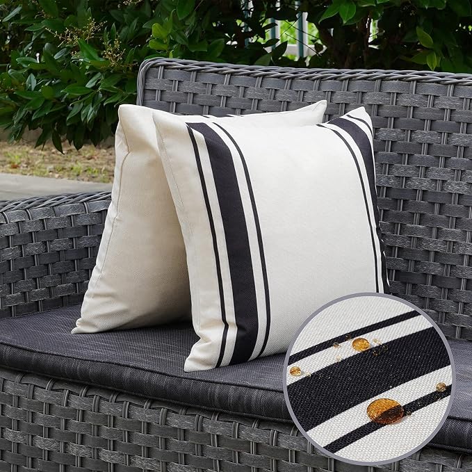 ONWAY Outdoor Pillow Covers Waterproof 20x20 Set of 2 Decorative Linen Throw Pillow Cover Beige and Black Striped Outdoor Pillows for Patio Furniture