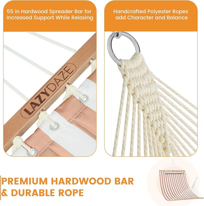 Lazy Daze 12 FT Quilted Double Hammock with Spreader Bar, 2-Person, Outdoor Hammock for Patio, Poolside, Backyard, Beach, 450 lbs Capacity, Beige White