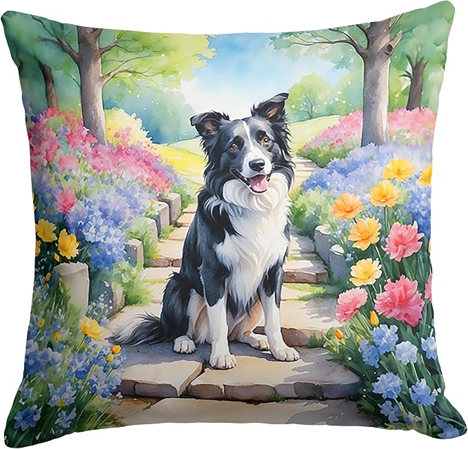 Caroline's Treasures Border Collie Spring Path Throw Pillow Machine Washable, Indoor Outdoor Decorative Pillow for Couch, Bed or Patio, 14Hx14W
