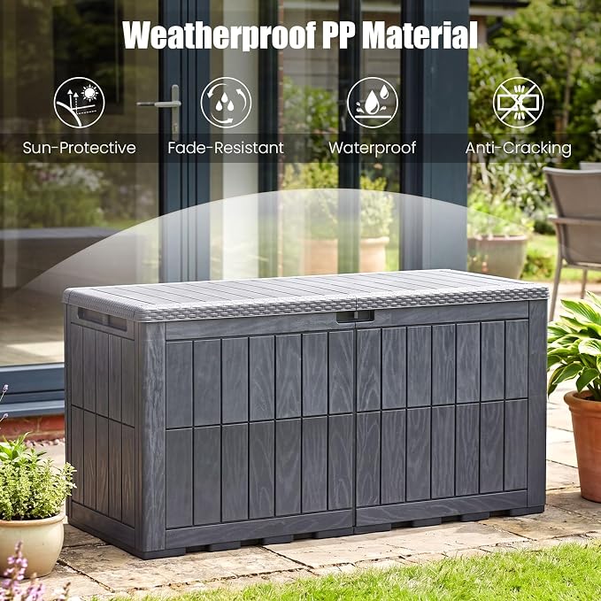 HAPPYGRILL 120 Gal Outdoor Deck Box, Lockable Storage Bin with Lid and Handles, Waterproof and Sun-Protective Patio Bench and Storage Box for Garden Tools Pool Supplies (Gray, 120Gallon)