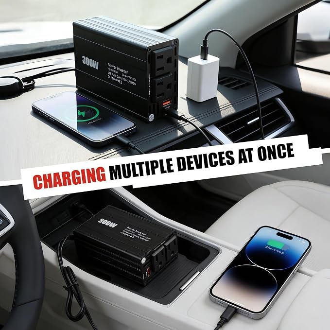 300W Power Inverter – Car Converter DC 12V to AC 110V with PD 65W USB-C & QC 24W USB Ports – Portable Vehicle Charger Adapter for Laptop, Tablet, Phone – Road Trip Essential