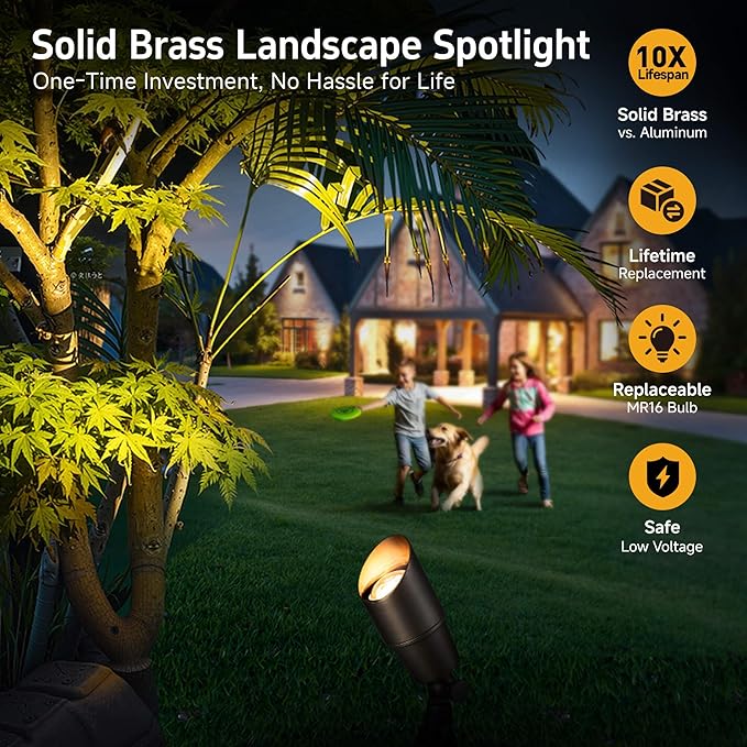 Gardenreet Spot Light Brass - Outdoor Landscape Spotlights 12V, LED Low Voltage Landscaping Uplights, All Weather Hard-Wired Bronze for Backyard Lawn with No Bulbs (8 Pack)