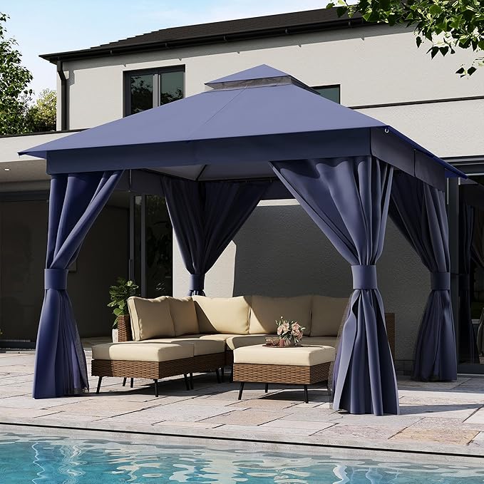 LAUSAINT HOME 10'x10' Outdoor Gazebo, Metal Frame Heavy Duty Patio Canopy Tent Shelter with Double Roofs, Mosquito Nettings and Privacy Screens for Backyard, Garden, Lawn, Navy Blue