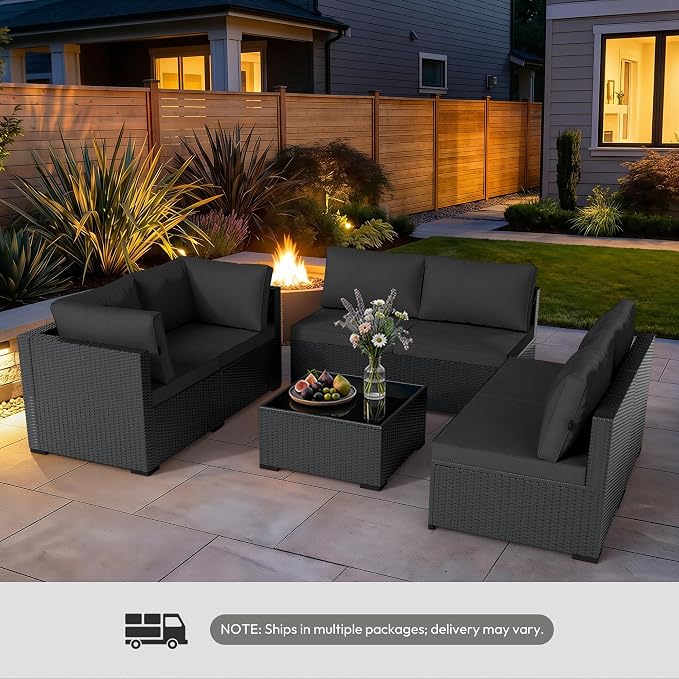 WWR Patio Furniture Set 7 Piece - All-Weather - Wicker Rattan Patio Outdoor Conversation Set, Modular Sectional Sofa for Backyard, Garden, Poolside, Balcony, Porch, Patio, Black/Black