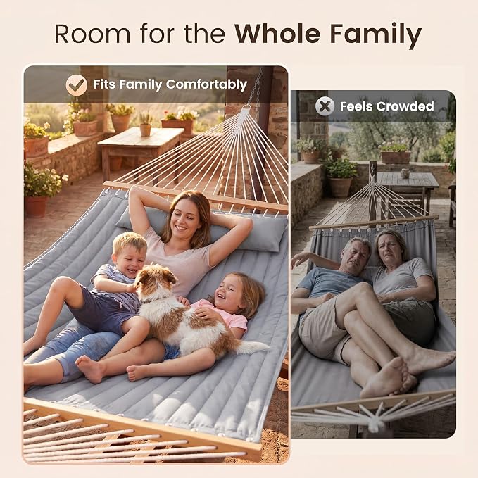 Everyfun Double Hammock with Spreader Bar & Pillow, Portable 500lbs Capacity for Outdoor, Camping, Patio, Backyard Relaxation,Gray