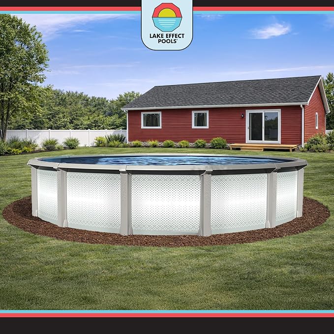 Lake Effect Pools 'Grand Cayman' 24 ft Round Above Ground Swimming Pool | 52 Inch Strong Extruded Resin Components | Bundle Includes: 25 Gauge Overlap Liner & Widemouth Skimmer