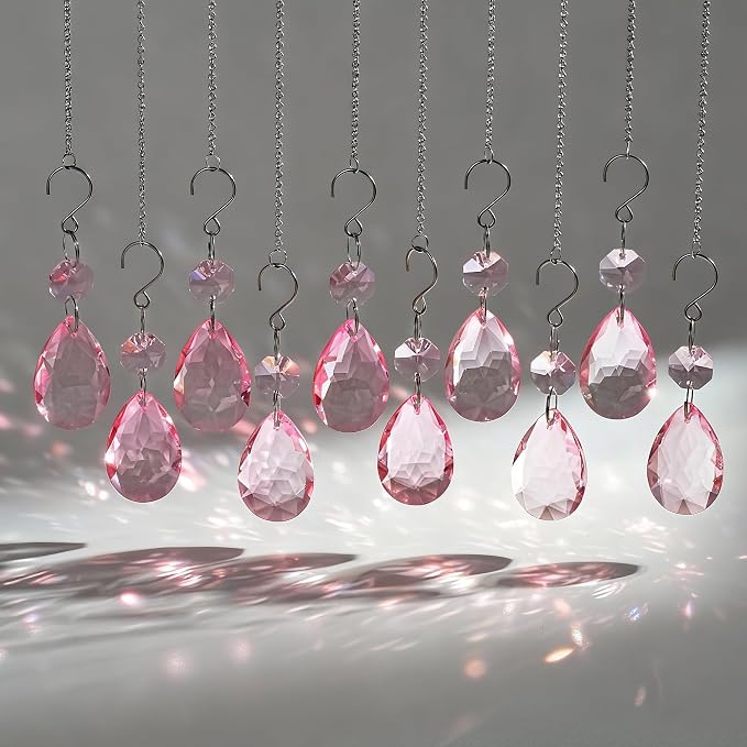 10 Pcs Pink Crystal Bauhinia Suncatcher Prisms Chandelier Window Decor | Pink Crystal Bauhinia Prisms Suncatcher Pendants 3 Inch Chandelier Beads Replacement Hanging for Window Garden Wedding Decor