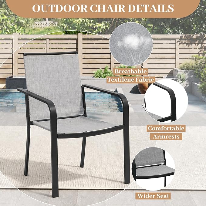 Anmutig 5-Piece Outdoor Patio Dining Set 37-Inch Square Glass Table with 4 Stackable Chairs for Lawn Backyard and Deck, Grey