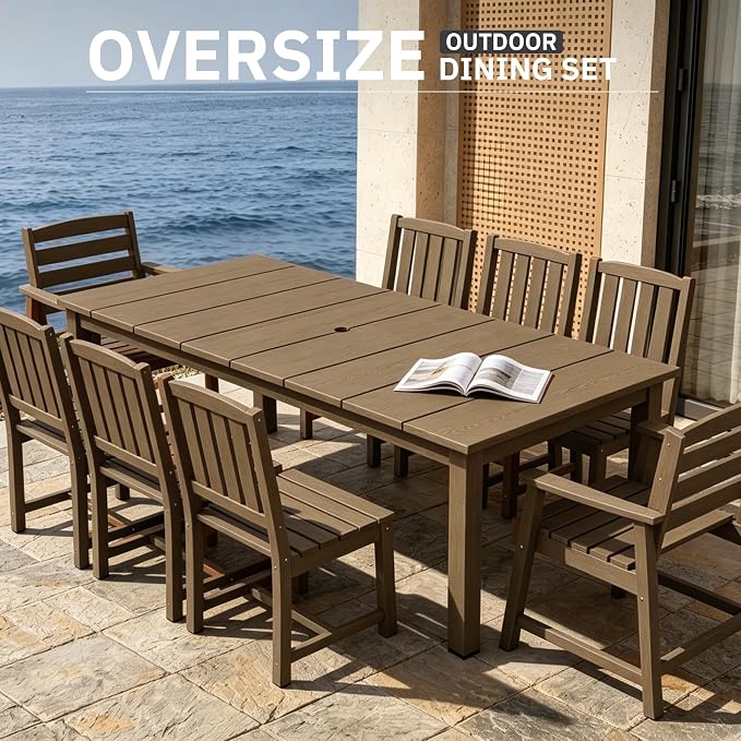 AreShark 9-Piece Outdoor Dining Set,HDPE Patio Table with 8 Chairs,All-Weather Patio Furniture Set with Umbrella Hole,Low Maintenance Wood Grain Dining Set for Backyard,Garden,Poolside,Brown