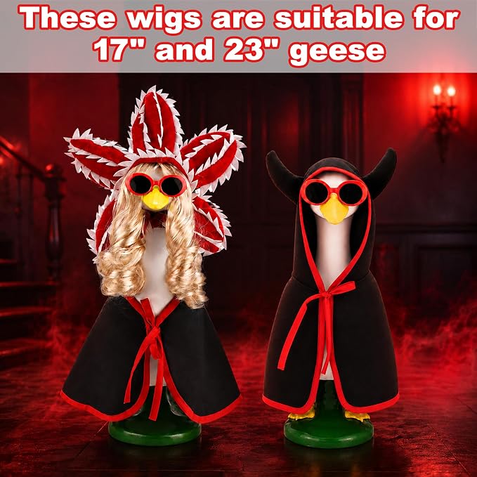 Porch Goose Spooky Monster Outfit 4 Pieces Porch Goose Alien Monster Costumes with 1 Blonde Goose Wig Creepy Plant Hat Horned Cloak Decor for Lawn Goose Statues