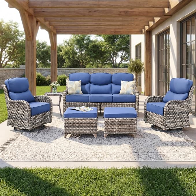 Luxury Swivel Rocker Chair Sofa Set with 6" Thick Cushions,6 Piece Wicker Swivel Rocker Patio Chair with footstools,Outdoor Comfortable High Back Chair Patio Furniture Set - Gery | Blue