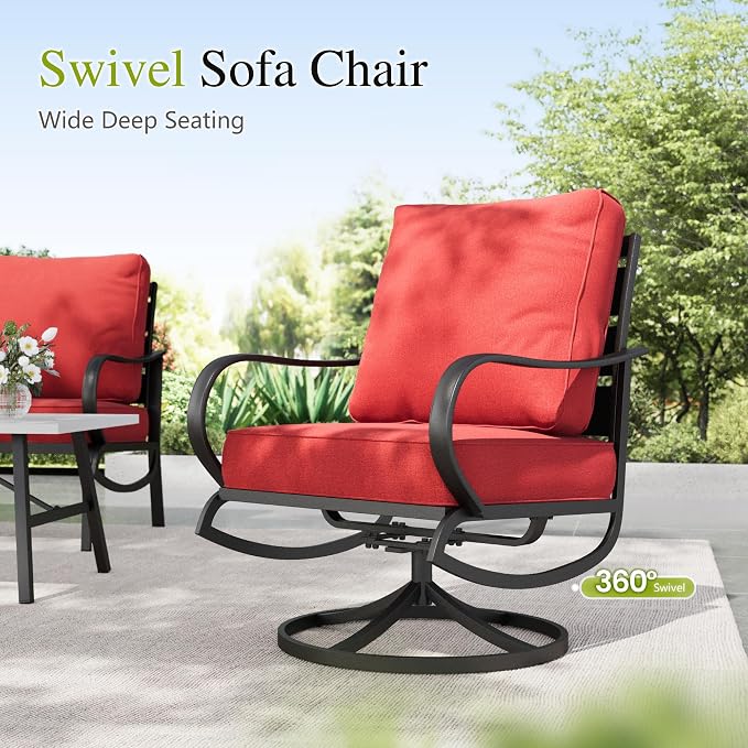 Sophia & William Patio Furniture Sets with 45" Gas Fire Pit Table Outdoor Metal Conversation Sets for 5, 2 x Swivel Cushioned Patio Sofa Chairs, 1 x 3-Seat Sofa 4 Pieces for Lawn Backyard Red
