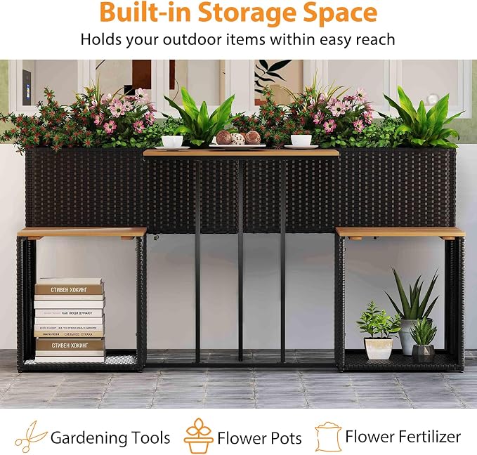 Moccha Patio Furniture Set with Raised Garden Bed - Rattan Outdoor Conversation Set with Bottom Storage, Acacia Wood Seating and Flower Box Set, Garden Planter Table with Chairs for Porch Yard Deck