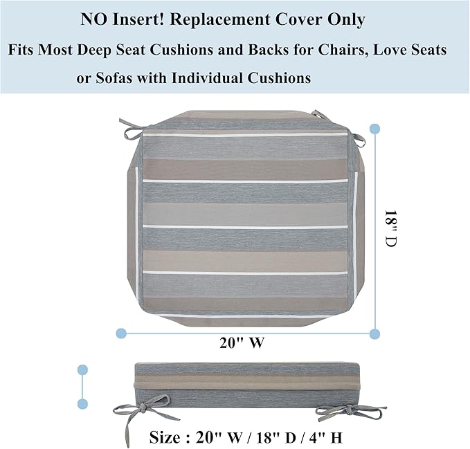 FUNHOME Outdoor Chair Cushion Covers 2 Pack, No Insert! Patio Cushion Covers Replacement 20" x 18" x 4", Water Resistant Chair Cushion Slipcovers, Grey Stripe(Covers ONLY)