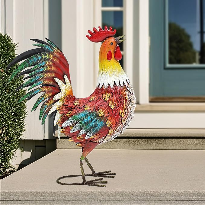 Metal Rooster Yard Decor, 21" Outdoor Garden Statues for Patio | Durable Metal with Hand-Painted Finish, Farmhouse Rooster Chicken Decor for Yard, Garden, Patio, Porch & Kitchen