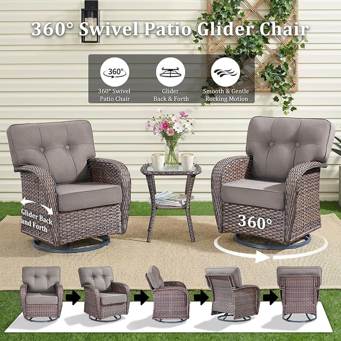 7 Piece Outdoor Patio Furniture Set with 30" Fire Pit Table,Conversation Sectional Wicker Couch with Swivel Chairs,Modern Outside Sofa for Balcony Backyard, Brown/Grey