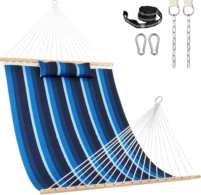 Lazy Daze Hammocks 12 FT Sunbrella Fabric Quilted Hammock Double Sunbrella Quilted Hammock with Spreader Bars & Pillow, All Weather and Fade Resistant for Outdoor, 450 lbs Capacity, Gateway Indigo