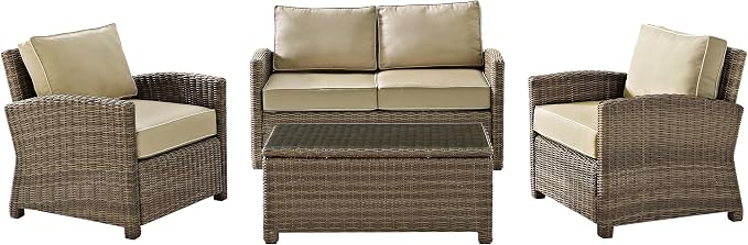 Crosley Furniture Bradenton 4-Piece Outdoor Loveseat Patio Furniture Set, Wicker Conversation Sets for Porch, Brown with Sand Cushions