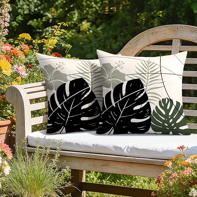 OTOSTAR Outdoor Waterproof Throw Pillow Covers 20x20 Inch Set of 2 Double-Sided Black Grey Tropical Leaf and Flower Spring Summer Decorative Pillow Cases for Patio Funiture Garden Balcony Couch