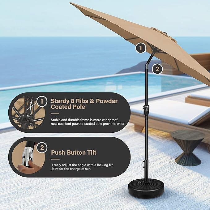 Simple Deluxe 9FT Outdoor Patio Umbrella Table Market Umbrella with Push Button Tilt and Crank, 8 Sturdy Ribs, UV Protection Waterproof for Garden, Lawn, Deck, Backyard, Pool,Tan